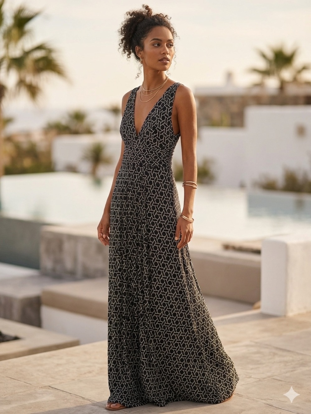 Tart Black Geometric V-Neck Maxi Dress